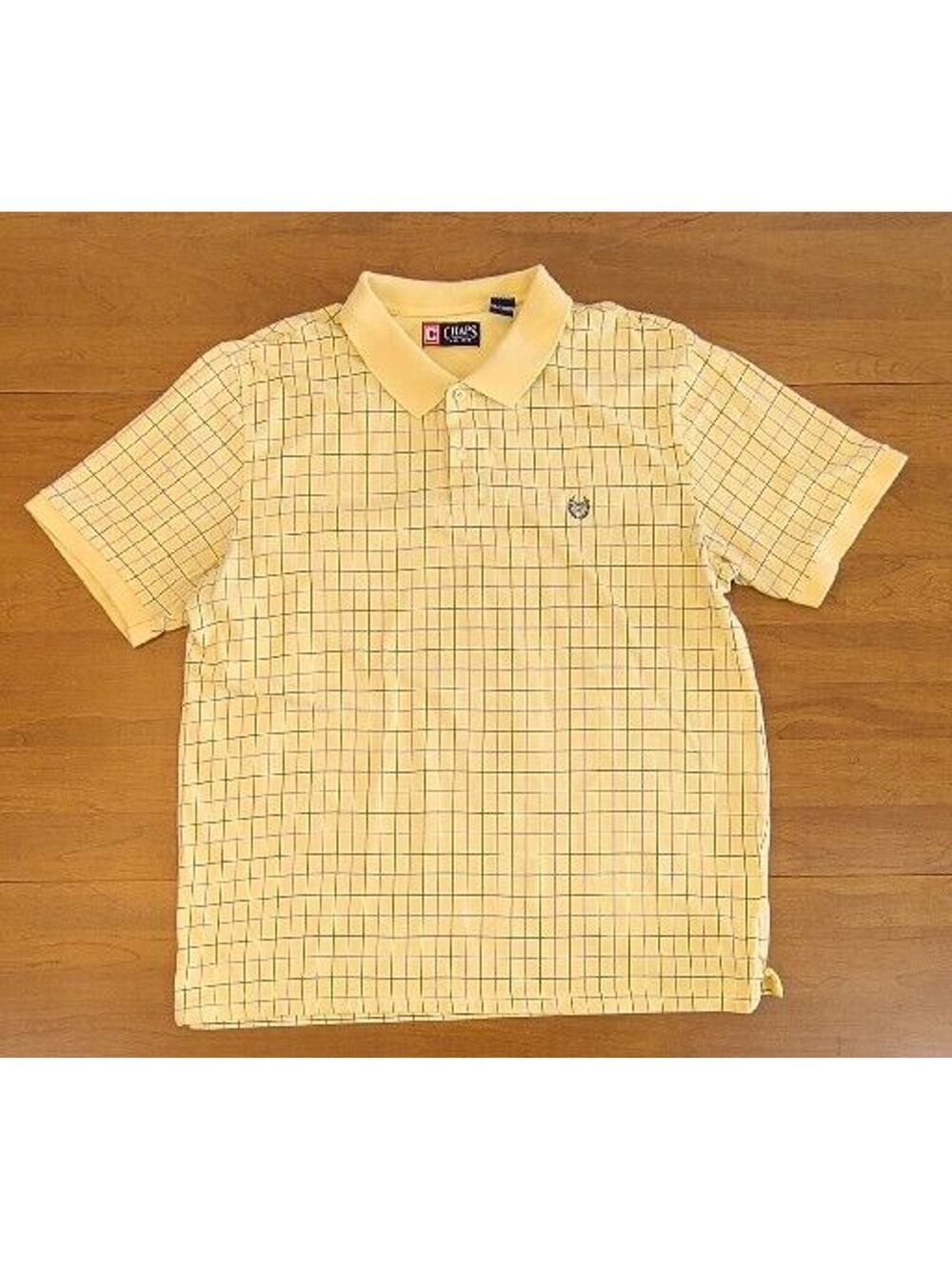 CHAPS Mens Short Sleeve Polo 2XL Yellow With Blue Rectangular Lines, 100% Cotton